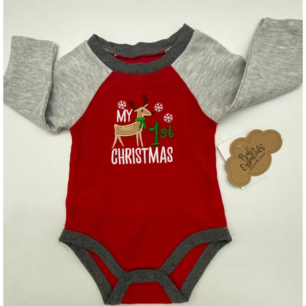 Baby Essentials My 1st Christmas Reindeer Waffle Knit Bodysuit Red Grey‎ 6M NEW